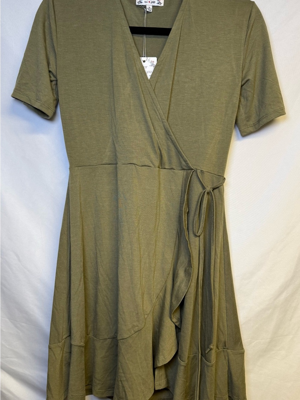 Poof! Olive Green Wrap Dress with Tie Waist